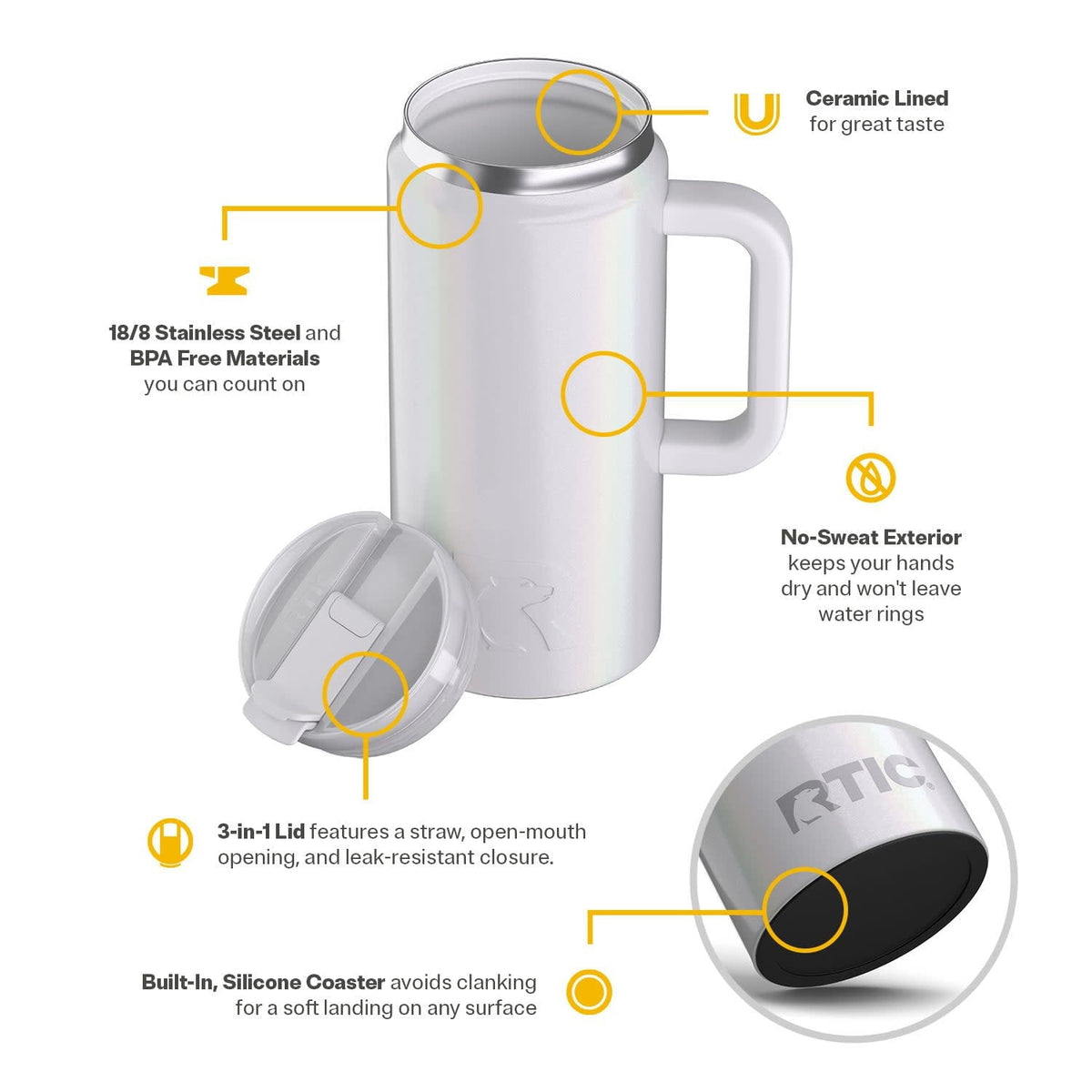 RTIC 64 oz Ceramic Lined Road Trip Tumbler with Handle and Leak-Resistant Straw Lid, White Glitter