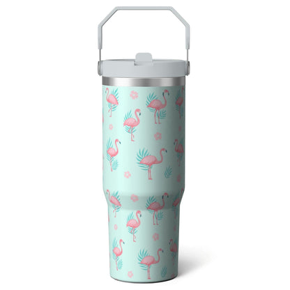 1pc Pink Leopard Print 30oz Tumbler with Straw & Handle - Reusable Stainless Steel Cup