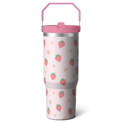 1pc Black and white grid 30oz Tumbler with Straw & Handle - Reusable Stainless Steel Cup