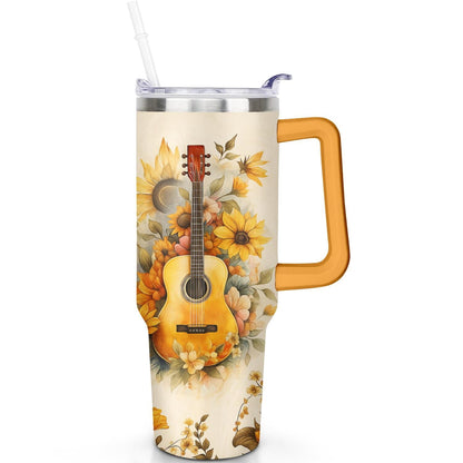 1pc Sunflower 40oz Tumbler with Straw & Handle - Insulated Stainless - Reusable Stainless Steel Cup