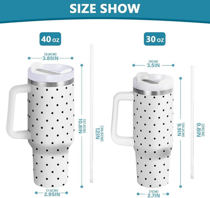 40 oz Tumbler with Handle Lid and Straw Insulated Water Tumbler Stainless Steel Water Cup Mug Bottle Reusable Cup Holder Friendly Polka Dot White