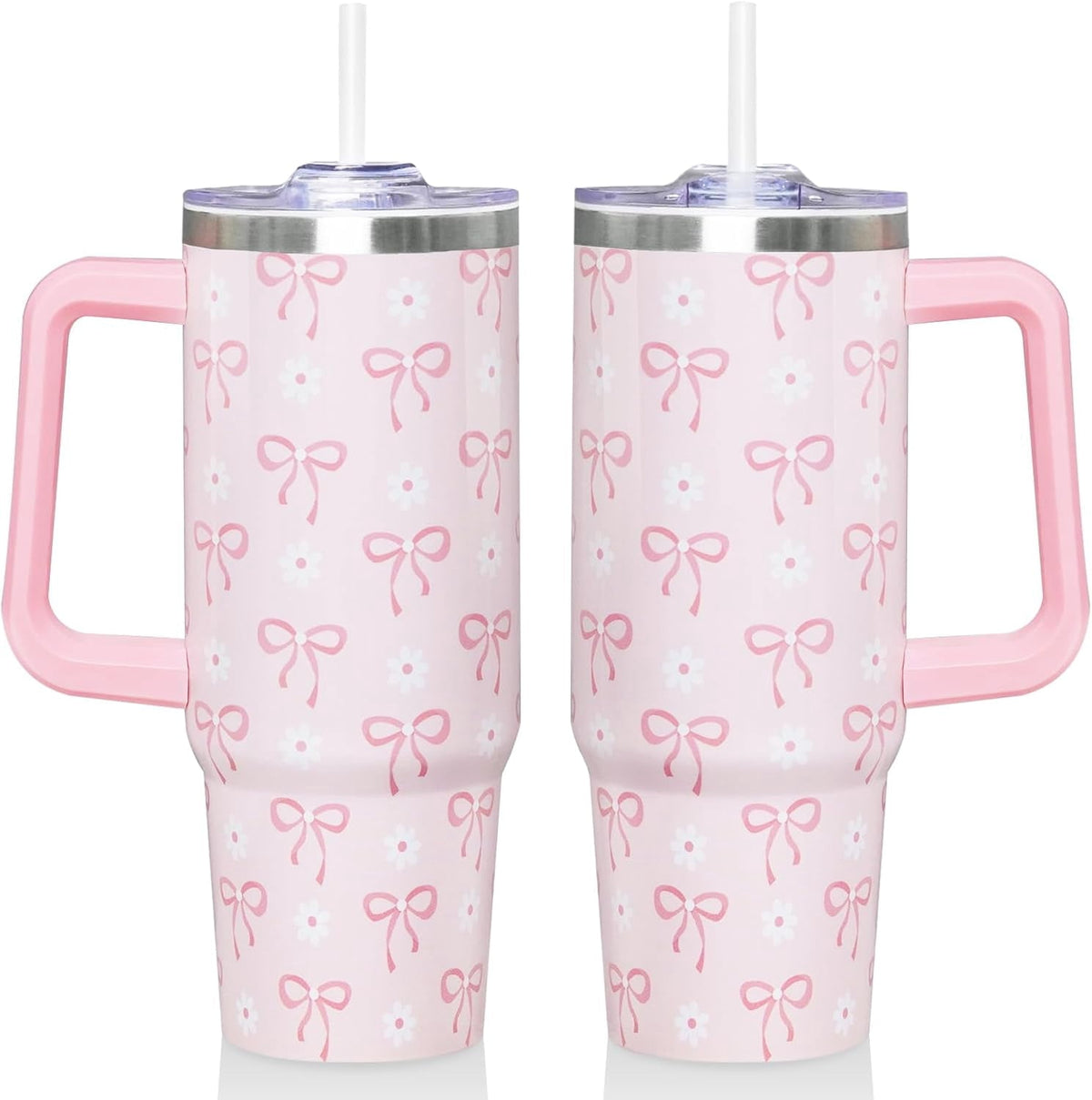 30 Oz Blue Bow Tumbler with Handle and Straw, Insulated Stainless - Insulated Travel Coffee Mug