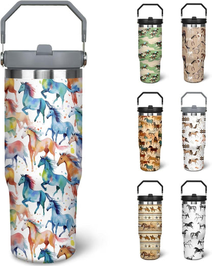 30 oz Horse Tumbler With Handle and Straw, 30oz Horse Flip - Insulated Travel Coffee Mug