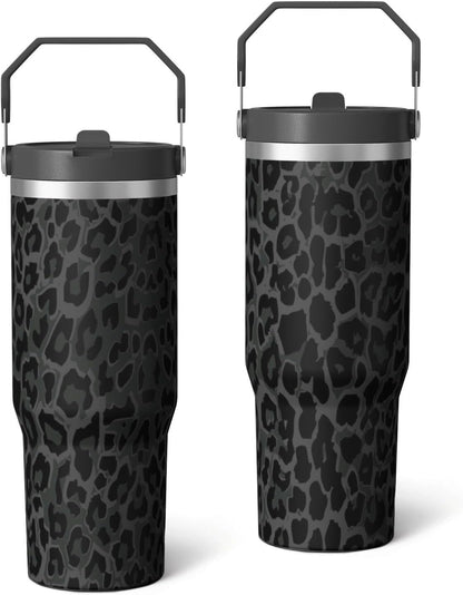 30oz Insulated Leopard Tumbler with Handle,Featuring a Leak-proof 2-in-1 Lid and Straw,a Vacuum-insulated Travel Coffee Mug,Portable Stainless Steel Water Bottle,Suitable for Both Women and Men