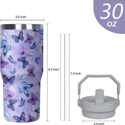 30 oz Purple Butterfly Tumbler with Handle and Filp Straw, Stainless Steel Cup with Lid and Straw, Travel Coffee Mug Insulated Water Bottle,Christmas Birthday Mothers Day Gifts for Women Animal Lovers
