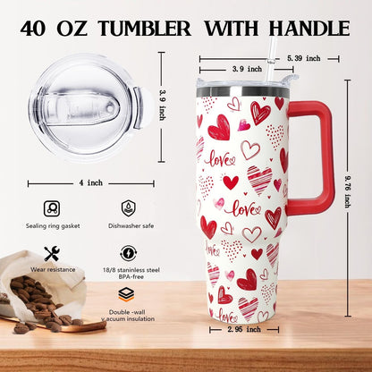 Love Tumbler 40 Oz Valentine Heart Tumbler With Handle,Valentine''s Day Coffee Travel Mug Cup Water Bottle,Heart Decor,Valentine''s Gifts for Wife Girlfriend Bride