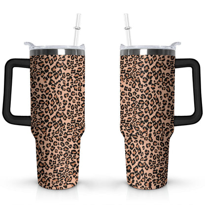 40oz Fashion Leopard Pattern Stainless Steel Flip Straw Tumbler Spill Proof Travel Cup Double Wall Vacuum Insulated Coffee Mug with Top Handle