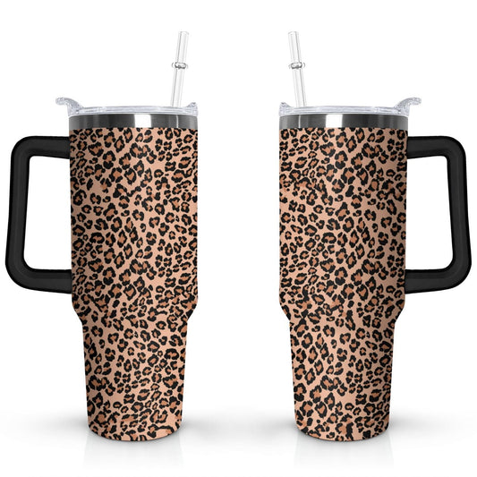 40oz Fashion Leopard Pattern Stainless Steel Flip Straw Tumbler Spill Proof Travel Cup Double Wall Vacuum Insulated Coffee Mug with Top Handle