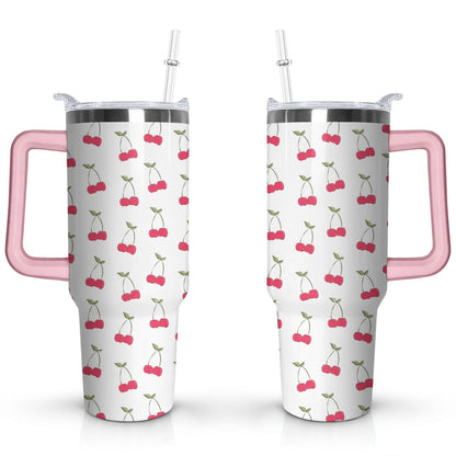 40oz Red Cherry Fruit Pattern Stainless Steel Flip Straw Tumbler Spill - Reusable Stainless Steel Cup
