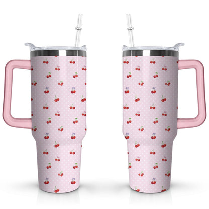 40oz Red Cherry Fruit Pattern Stainless Steel Flip Straw Tumbler Spill - Reusable Stainless Steel Cup