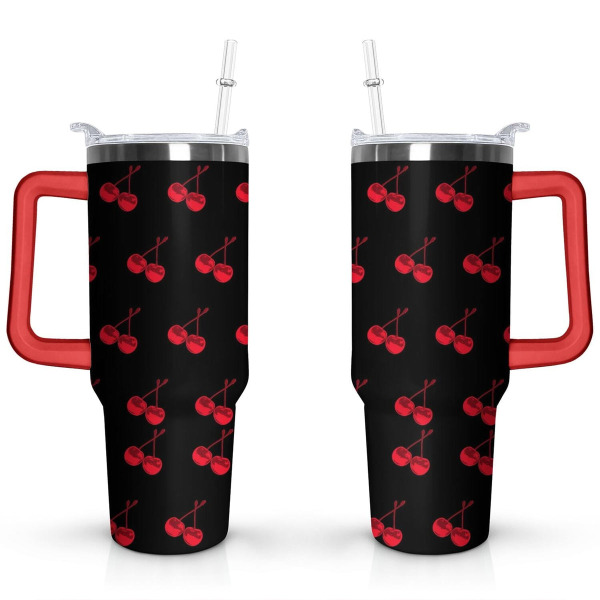40oz Red Cherry Fruit Pattern Stainless Steel Flip Straw Tumbler Spill - Reusable Stainless Steel Cup