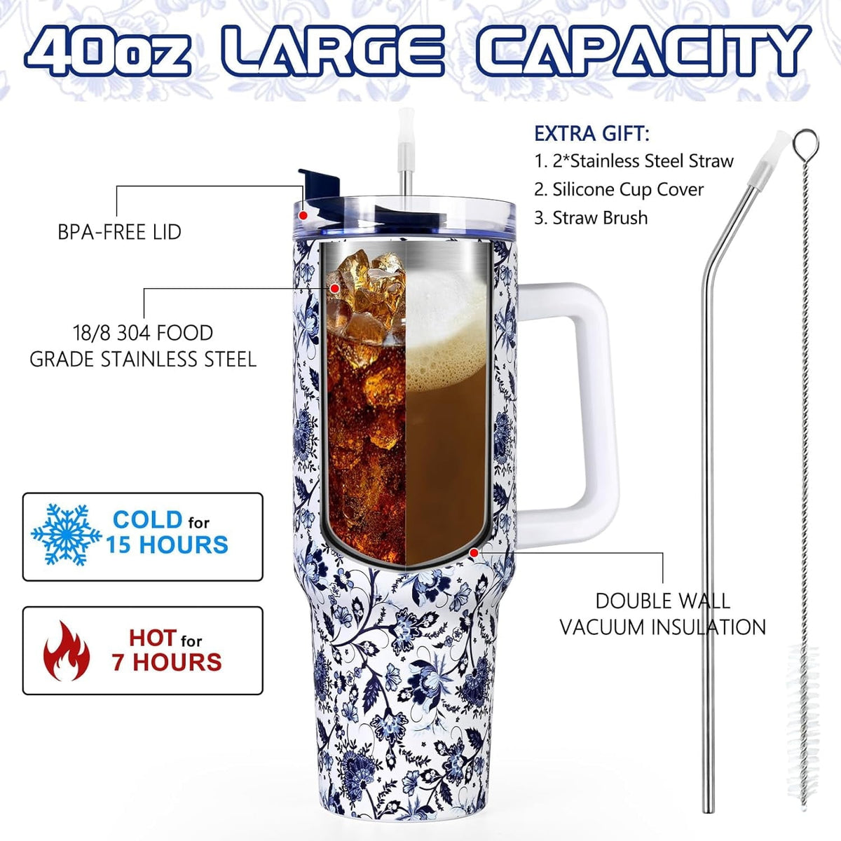 40oz Tumbler with Handle, Stainless Steel Insulated Travel Tumbler with Lid and Straw, Double Wall Vacuum Insulated Tumbler Mug, Thermal Cup for Home Outdoor, Blue and White Porcelain
