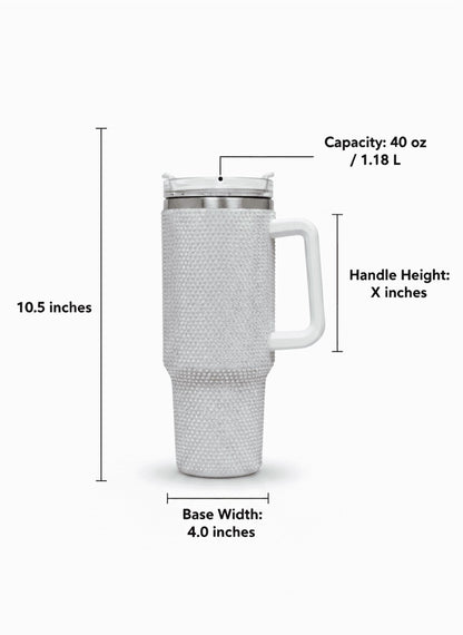 Thirstee 40 oz Rhinestone Tumbler with Handle and Metal Straw Lid, White Bling Insulated Travel Mug