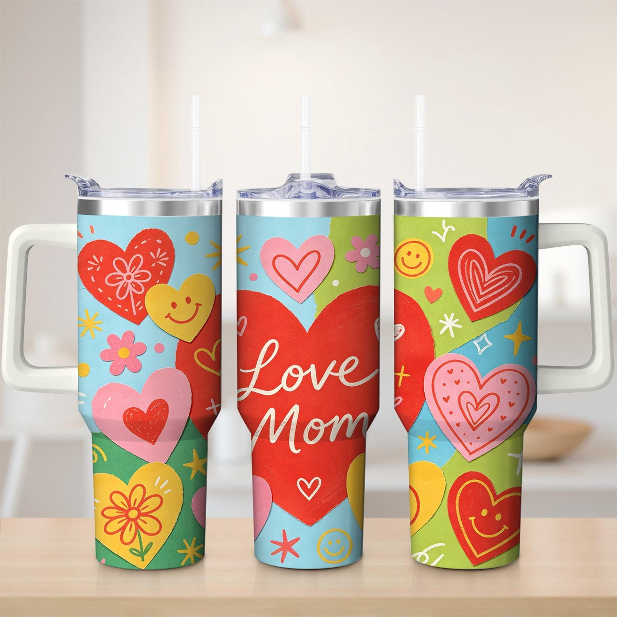 Colorful Heart Love Mom Stainless Steel Tumbler, 30oz - Insulated Travel Tumbler Cup