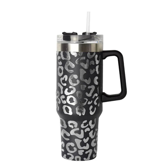 Lashicorn 40 Oz. Tumbler with Handle and Straw Black Leopard Silver 10 tall Cup lid included Insulated Stainless Steel Vacuum Travel Mug Boutique Cheetah Print