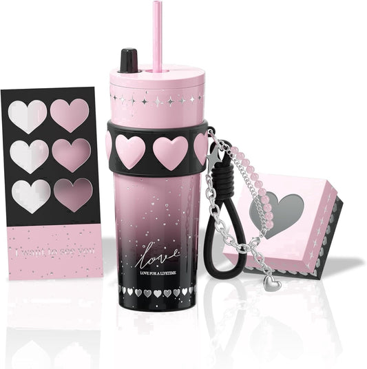 Sidagar 24oz Ceramic Coated Insulated Tumbler with Straw, Gift Travel Mug for Women and Couples, Pink