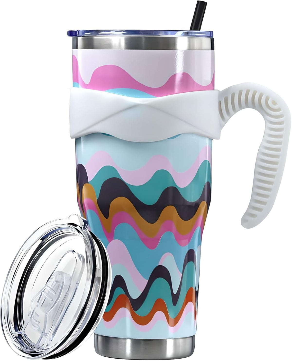 Sunmdecor Pink Leopard Print Tumbler with Handle and Silicone Straws - Insulated Travel Tumbler Cup
