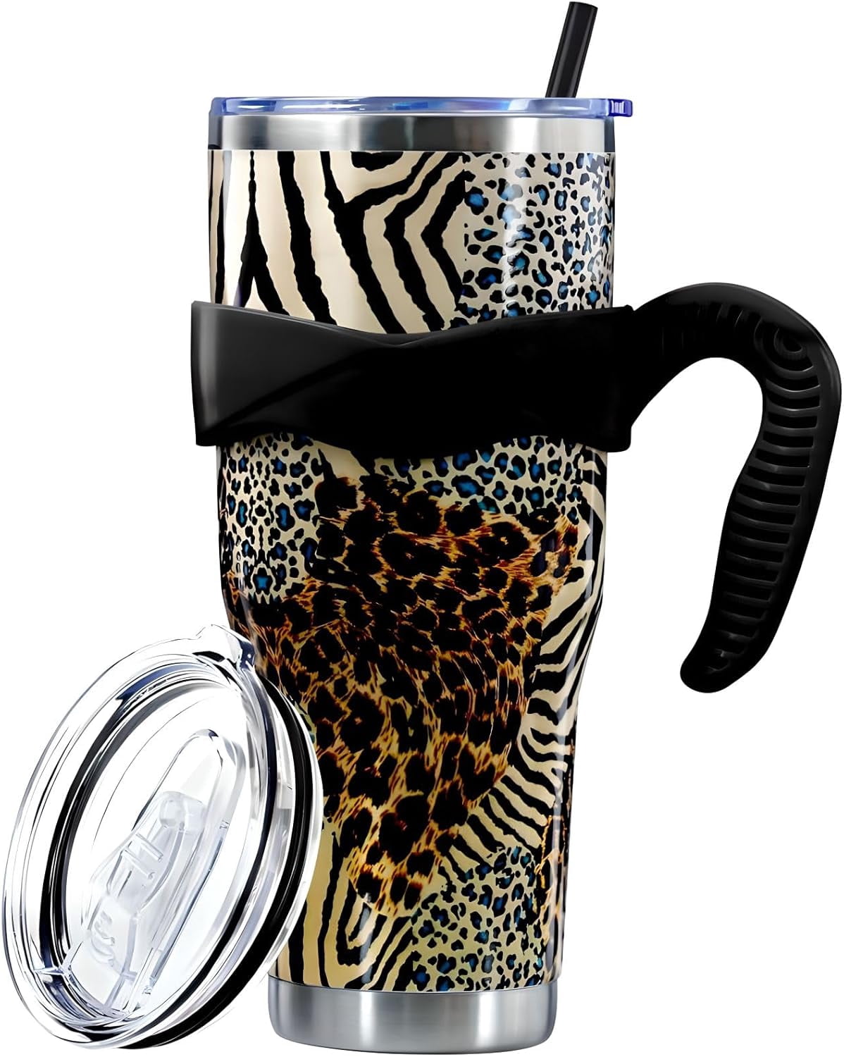 Sunmdecor Pink Leopard Print Tumbler with Handle and Silicone Straws - Insulated Travel Tumbler Cup
