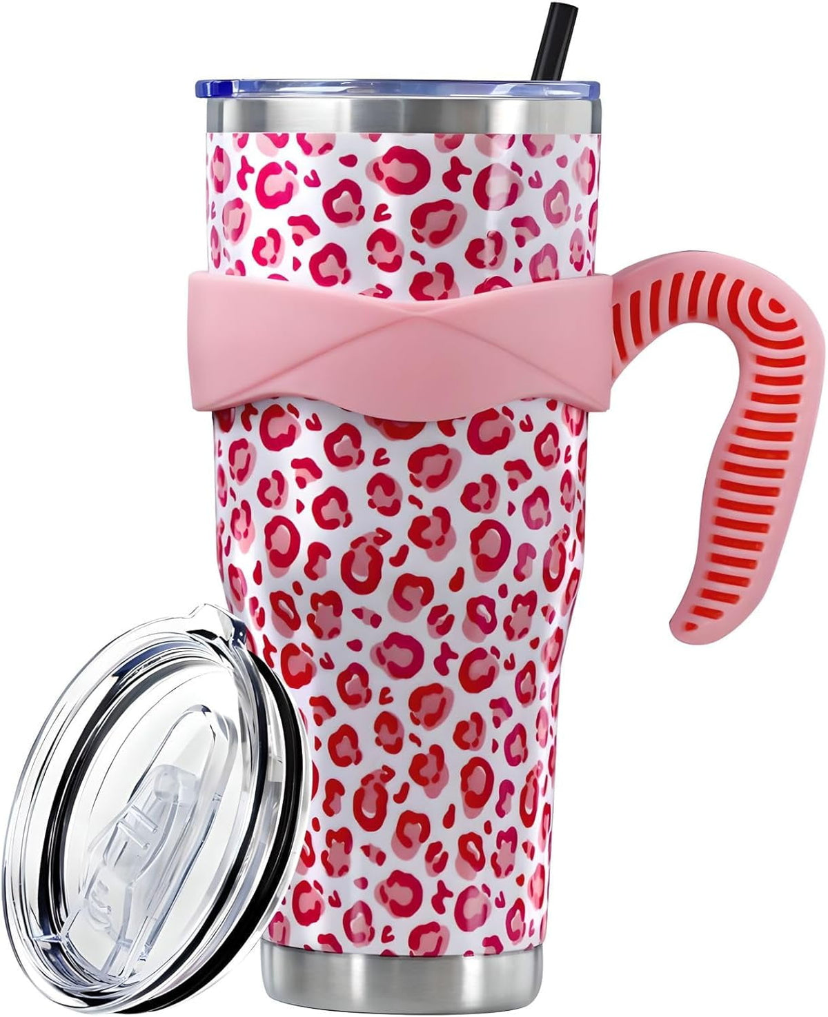 Sunmdecor Pink Leopard Print Tumbler with Handle and Silicone Straws - Insulated Travel Tumbler Cup