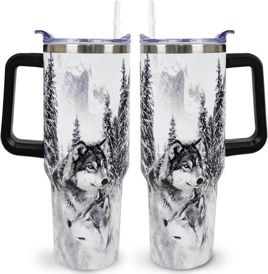 Wolf Lovers Gifts Wolf Tumbler Cup With Lid and Straw 40OZ Stainless Steel Insulated Travel Mug Water Bottle
