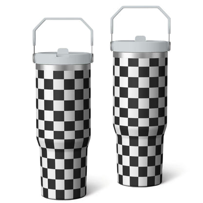 1pc Black and white grid 30oz Tumbler with Straw & Handle - Insulated Stainless Steel Cup | Holiday Gift for Man Women (Christmas, Valentine's, Birthday)