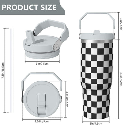 1pc Black and white grid 30oz Tumbler with Straw & Handle - Insulated Stainless Steel Cup | Holiday Gift for Man Women (Christmas, Valentine's, Birthday)
