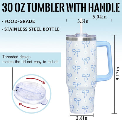 30 Oz Blue Bow Tumbler with Handle and Straw, Insulated Stainless Steel Coffee Travel Cup Mug Water Bottle, Blue Bow Themed Gifts for Women Teen Girl