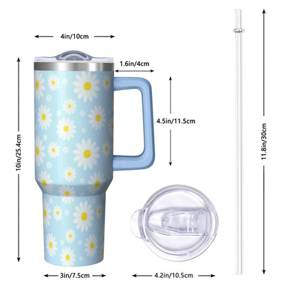 1pc daisy 40oz Tumbler with Straw & Handle - Insulated Stainless Steel Cup | Holiday Gift for Man Women (Christmas, Valentine's, Birthday)