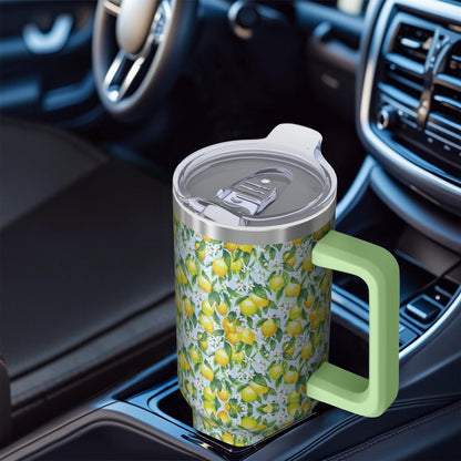 40 oz Lemon Theme Tumbler Spill Proof Lid 40oz Lemon Tumbler with Handle & Straw Double Insulated Travel Coffee Cup Lemon Lover Gifts for Men Women